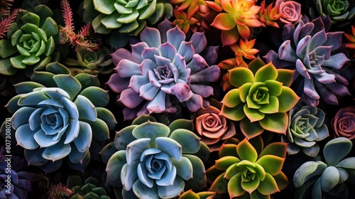 Colorful succulents in various shades of green  blue and purple. The dark background with light from above creates an effect that highlights the colors of each flower.