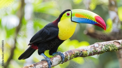 Keel Billed Toucan Isolated on White Background. Stunning Big Beak and Blue Throat, Black Feathers