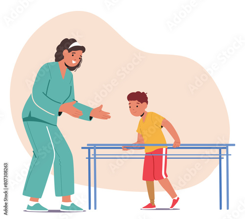 Caregiver Character Assisting Child In Practicing Rehabilitation Exercise On Parallel Bars, Supporting Their Development