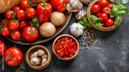 A variety of vegetables including tomatoes, mushrooms