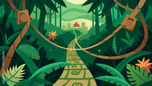 A trek through a tropical jungle with vines tangled around stoic symbols and texts.. Vector illustration
