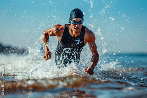 Triathlon swimming man running out of water during ironman race. Male triathlete finishing swim time competition. Fit athlete swimmer sprinting determined out of water in professional tri suit
