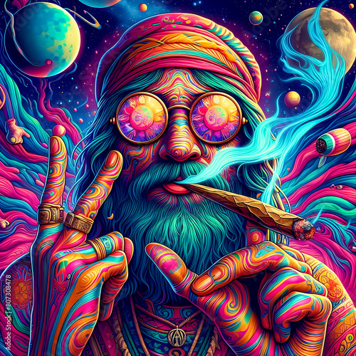 Digital art vibrant colorful psychedelic hippie character smoking a blunt