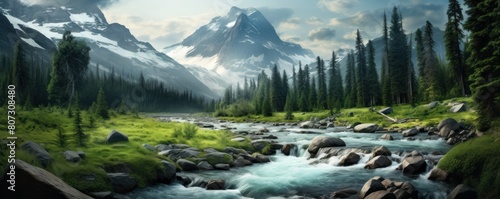 Fantasy illustration of digital painting of an alpine valley with pine trees and a river flowing through the middle, mountains in background, concept art for game design.