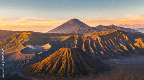 Mount Bromo volcano (Gunung Bromo) during sunrise from viewpoint on Mount Penanjakan photo