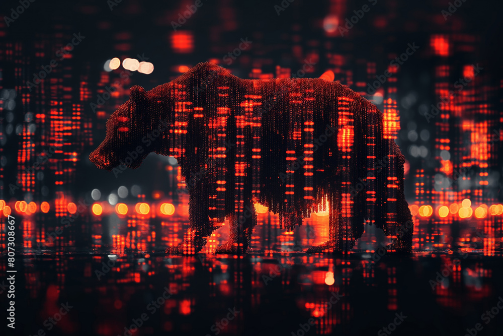 Pixelated digital bear surrounded by fiery data