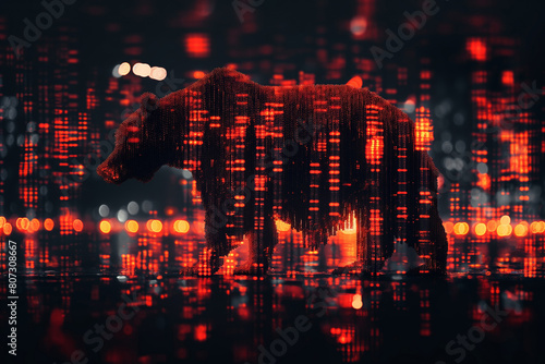 Pixelated digital bear surrounded by fiery data