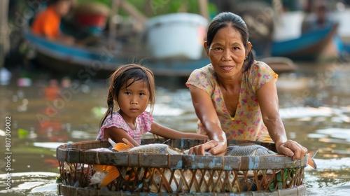 Mother and daughter show off a big tilapias raised in floating baskets on the Mekong River.