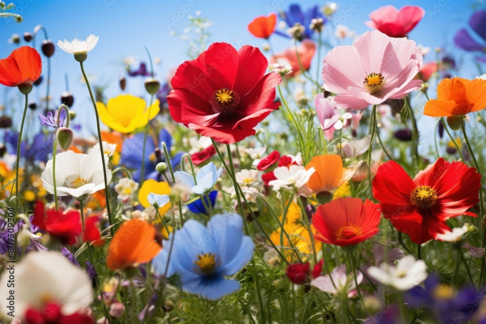 Obraz premium Colorful wildflowers in full bloom, including red and pink cosmos, blue corn poppies, yellow daisies, white snowdrops and green meadow grasses.