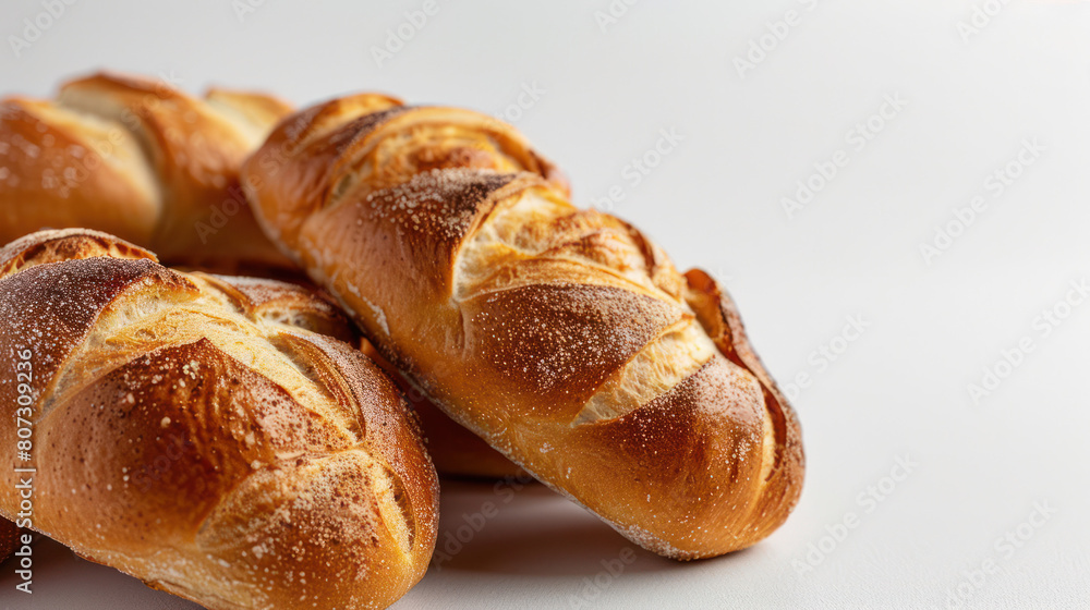 Assorted bread loaves and rolls arranged neatly on a plain white table Assorted bread loaves and rolls arranged neatly on a plain white table