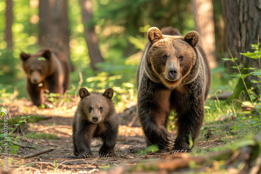 A brown bear and cubs walk in the forest. Scene of a mother bear and cubs. Surrounded by big trees. A brown bear and cubs walk in the forest. Scene of a mother bear and cubs. Surrounded by big trees.