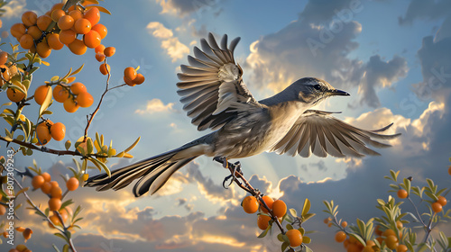The Freedom of Flight: A Vivid Snapshot of the Texas State Bird, the Northern Mockingbird, Ascending into the Azure Sky photo