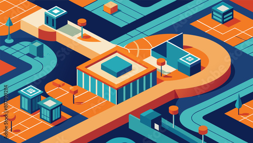 From high above the site appears almost geometric a mix of straight lines curves and right angles a picture of organized chaos.. Vector illustration