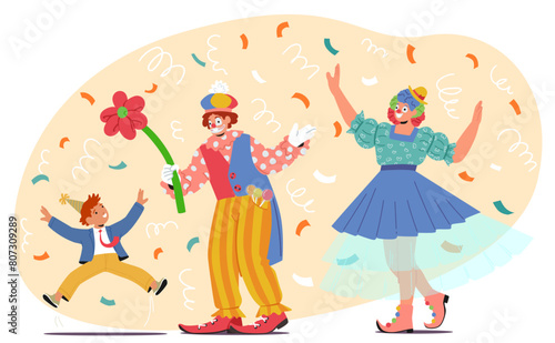 Animator Clowns In Bright, Whimsical Attire Create A Delightful Scene At Children Party. Characters Juggling And Dancing