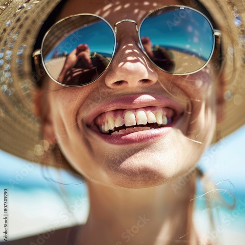 A happy woman in a sun hat and sunglasses is smiling on the beach, enjoying the sun and having fun while on a travel adventure AIG50