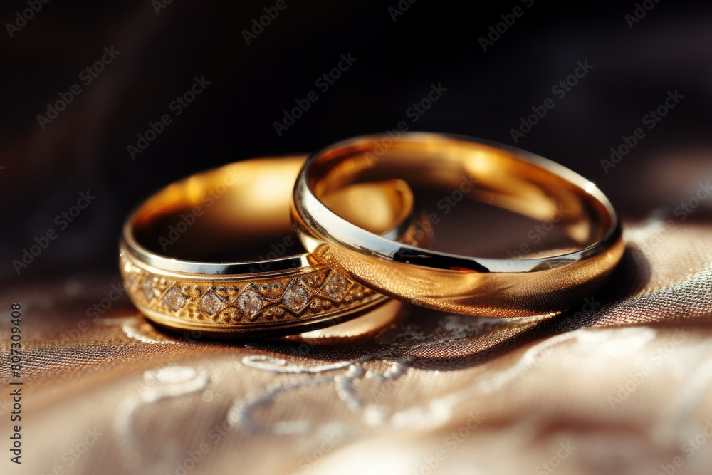 A pair of golden wedding rings resting on an elegant fabric. The rings sparkle with diamonds, symbolizing the love between two people who have just been married. New life together concept. A pair of golden wedding rings resting on an elegant fabric. The rings sparkle with diamonds, symbolizing the love between two people who have just been married. New life together concept.