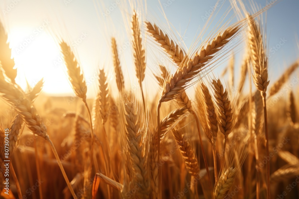 Fototapeta premium Golden wheat field with sun shining through the grain, closeup of golden wheat ears in focus.