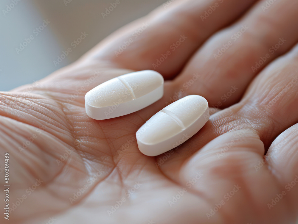 Close-up of a persons hand holding two pills Close-up of a persons hand holding two pills