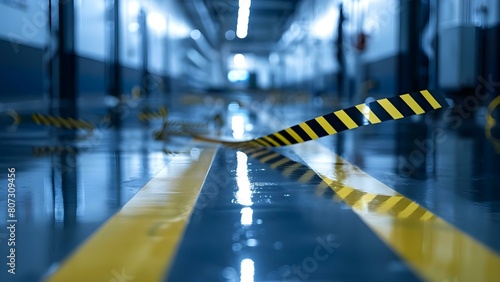 Designating Safety Containment Area with Chemical Spill Barrier Tape for Cleanup Procedures. Concept Safety Procedures, Chemical Spill, Cleanup, Containment Area, Barrier Tape