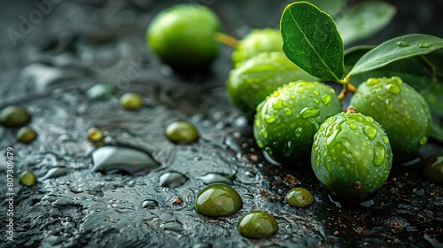   A cluster of verdant fruits perched atop moist earth, adjacent to an emerald foliage above it