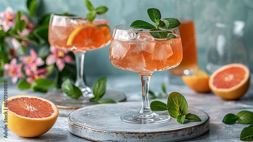 Close-up of two wine glasses with grapefruits on a silver platter Close-up of two wine glasses with grapefruits on a silver platter