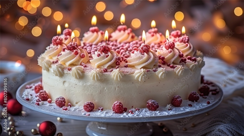 A white cake with generous amounts of frosting and decorated with numerous red and white sprinkles A white cake with generous amounts of frosting and decorated with numerous red and white sprinkles