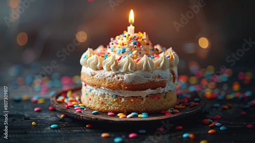  A birthday cake with a lit candle surrounded by colorful sprinkles