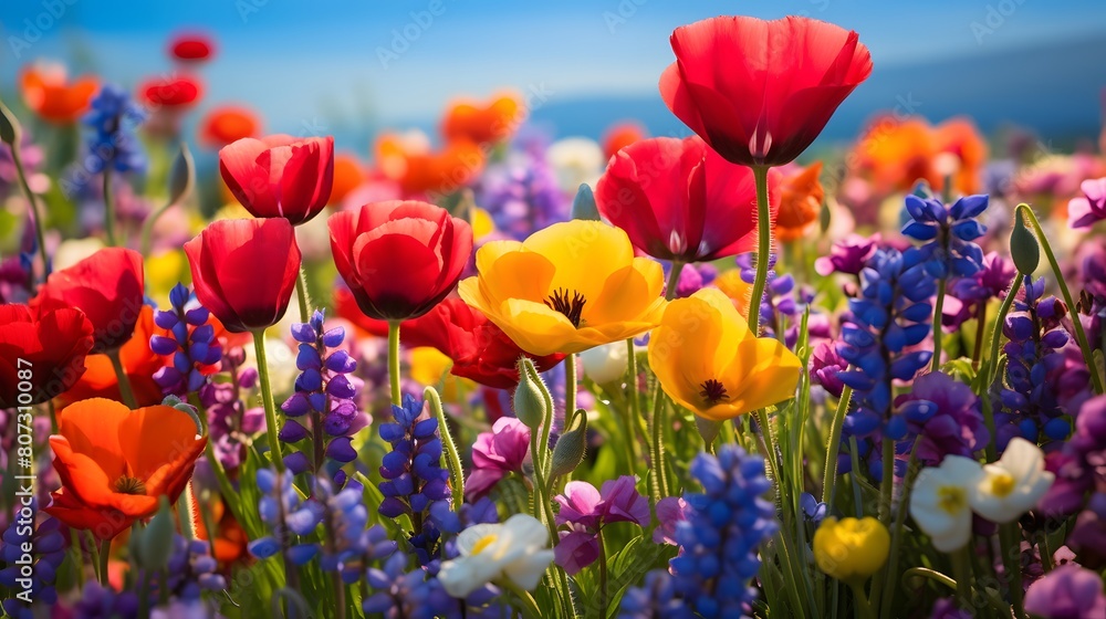 Panoramic view of colorful spring meadow with tulip flowers