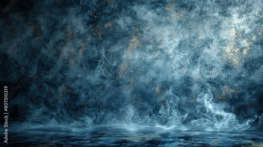  A painting depicts smoke rising from water before a blue and golden wall