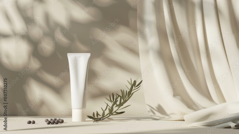 A white tube placed on a table next to a green plant with a natural theme background A white tube placed on a table next to a green plant with a natural theme background