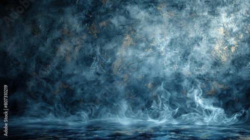  A painting depicts smoke rising from water before a blue and golden wall © Nadia