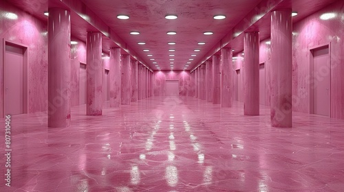  Pink hallway with columns & lights on either side Pink marble covers the floor