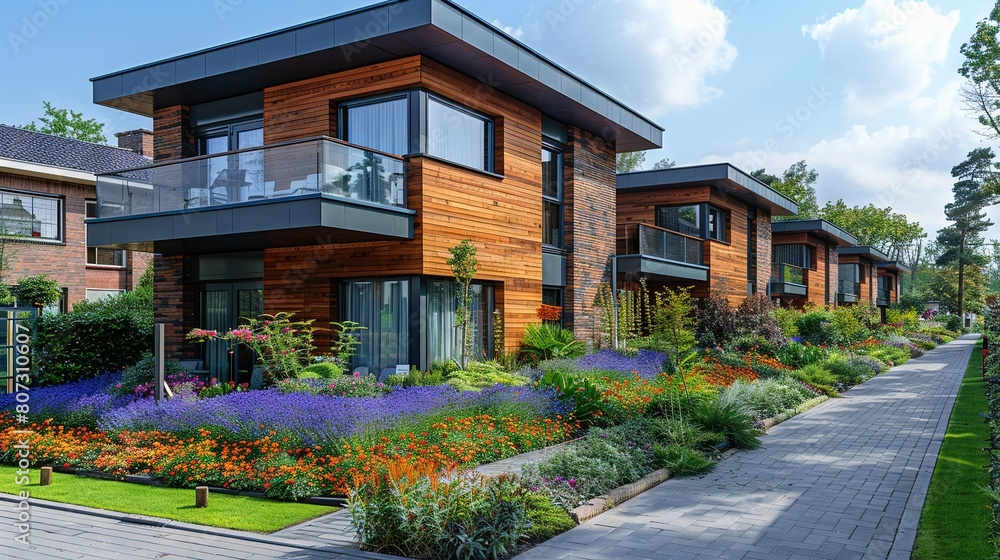 A row of houses with flowers in the foreground and a sidewalk in front of them A row of houses with flowers in the foreground and a sidewalk in front of them
