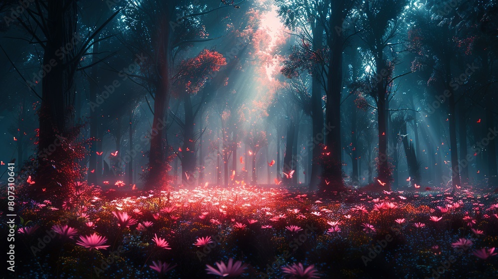   A sprawling forest brimming with vibrant pink blossoms stands beside a lush green and purple floral carpet