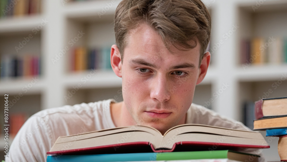 Smiling Student Surrounded by a Towering Stack of Books: A Portrait of Youthful Ambition and Scholarly Pursuit in the Library Studio boy teen white Smiling Student Surrounded by a Towering Stack of Books: A Portrait of Youthful Ambition and Scholarly Pursuit in the Library Studio boy teen white