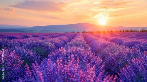   Lavender field bathed in golden light as the sun descends over mountainous backdrop  framing azure sky