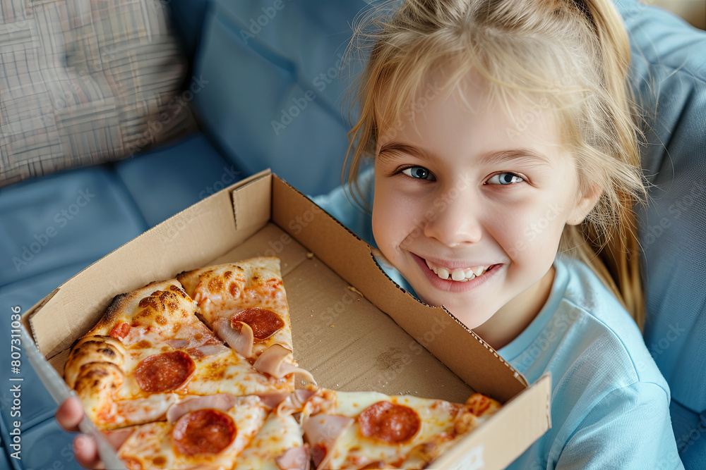 Close up view of happy hungry pretty blonde hair girl sitting on blue sofa at home and eating tasty pizza
Close up view of happy hungry pretty blonde hair girl sitting on blue sofa at home and eating tasty pizza