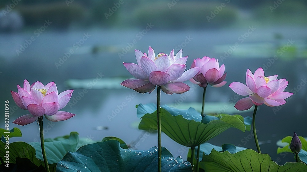 A cluster of vibrant pink blossoms resting atop a verdant grassy plain adjacent to a serene water body A cluster of vibrant pink blossoms resting atop a verdant grassy plain adjacent to a serene water body