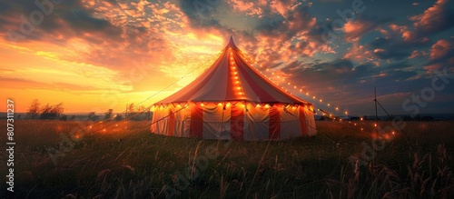 circus tent red and white color with lamp light st sunset photo