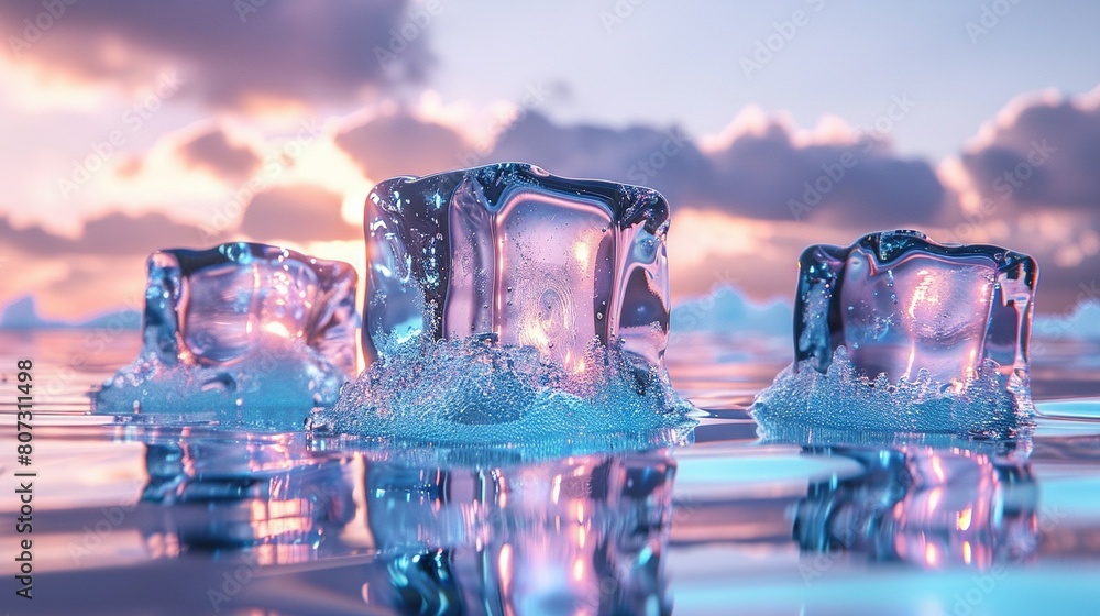 Ice floats on water; sky is cloudy Ice floats on water; sky is cloudy