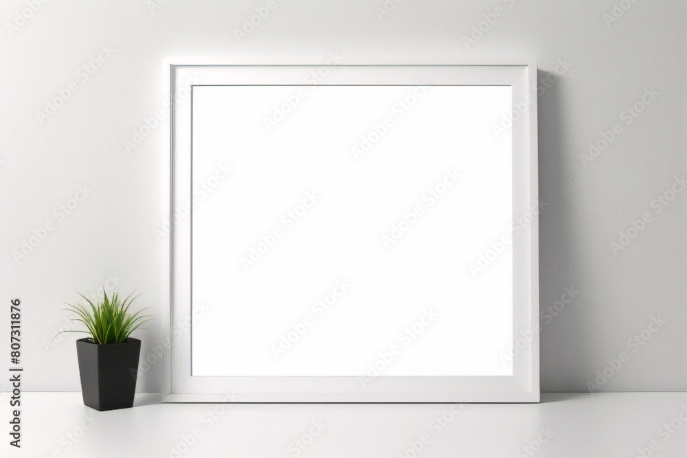 Lienzo blanco vacío con marco decorativo blanco sobre una maqueta de fondo blanco Lienzo blanco vacío con marco decorativo blanco sobre una maqueta de fondo blanco