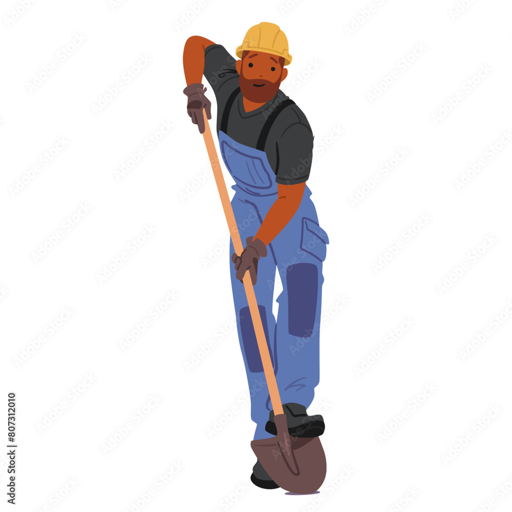 Smiling Black Worker In Blue Overalls And Hard Hat, Working with Shovel, Character Engages in Manual Labor Smiling Black Worker In Blue Overalls And Hard Hat, Working with Shovel, Character Engages in Manual Labor