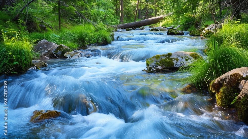 Fototapeta premium A serene landscape featuring a clean river flowing through a lush forest.