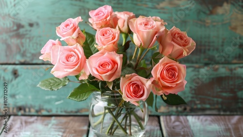 Elegant bouquet of pink roses in a glass jar  vintage backdrop.