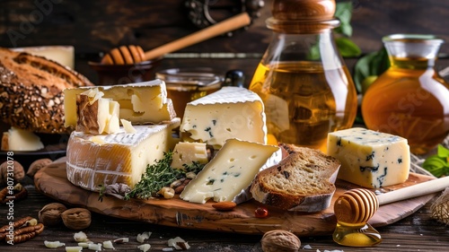 A rustic-themed poster with various types of cheese and honey.