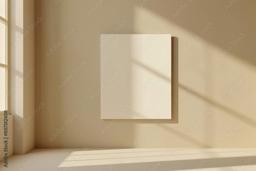 A blank square piece of paper hanging on a beige wall, creating a minimalist visual A blank square piece of paper hanging on a beige wall, creating a minimalist visual
