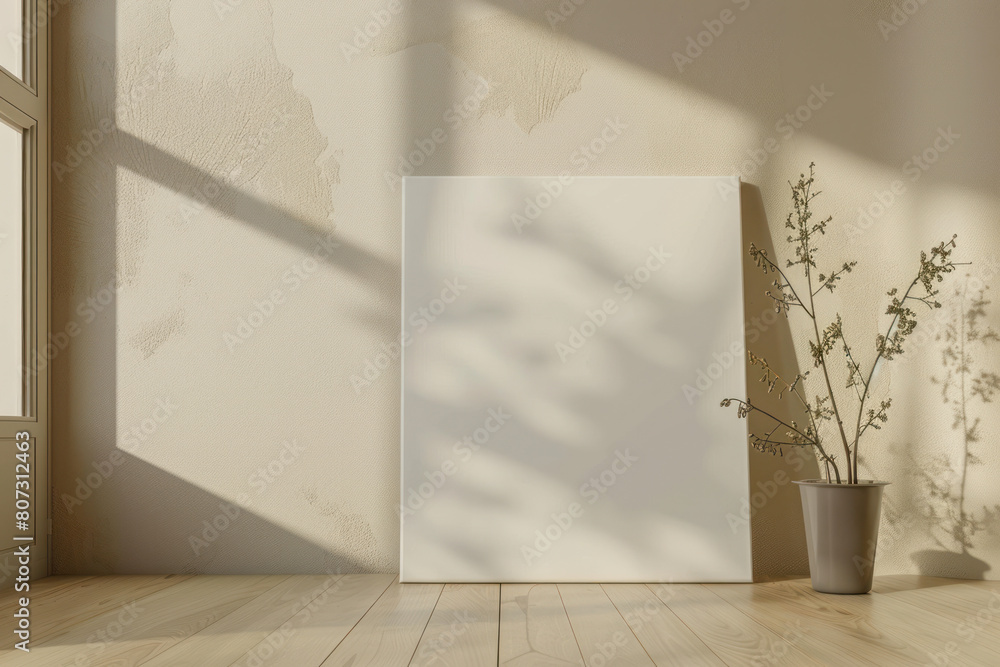 A minimalist room with a lone plant standing in the corner against a beige wall A minimalist room with a lone plant standing in the corner against a beige wall