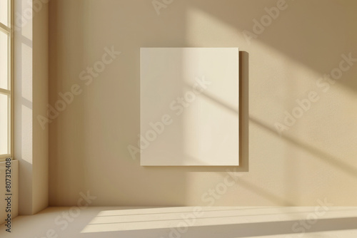 A blank square piece of paper hanging on a beige wall, creating a minimalist visual