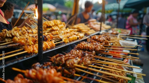 Multiple skewers with various types of food arranged on a wooden table.