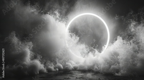  A monochrome image portrays a fiery ring amidst a midnight sky with enveloping clouds